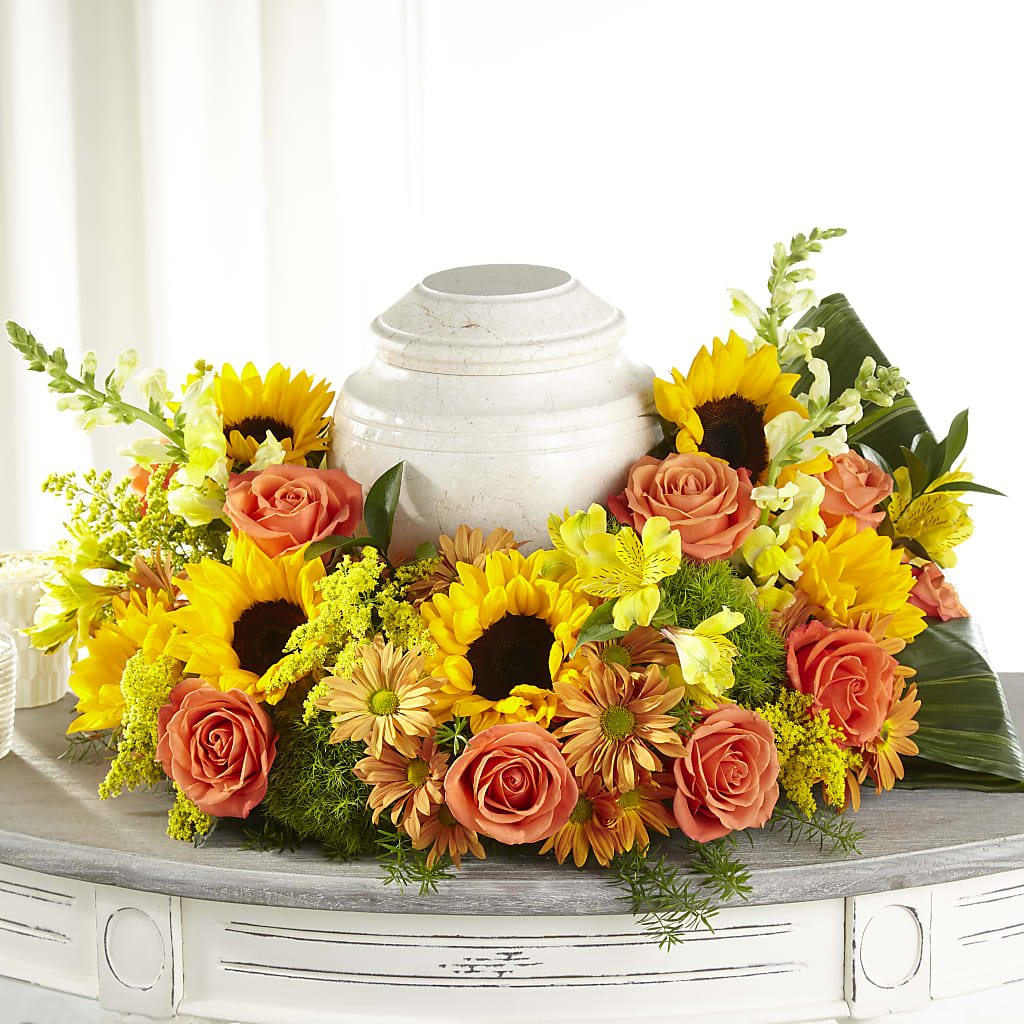 Faithful Sunflower Cremation Adornment – BLOOM FLOWERS & EVENT RENTALS, Corona CA