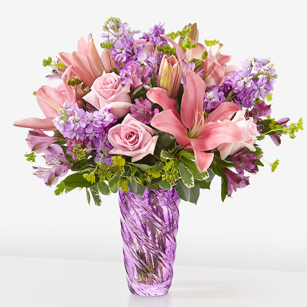 Precious Petals Bouquet with Luxe Swirl Vase – BLOOM FLOWERS & EVENT RENTALS, Corona CA