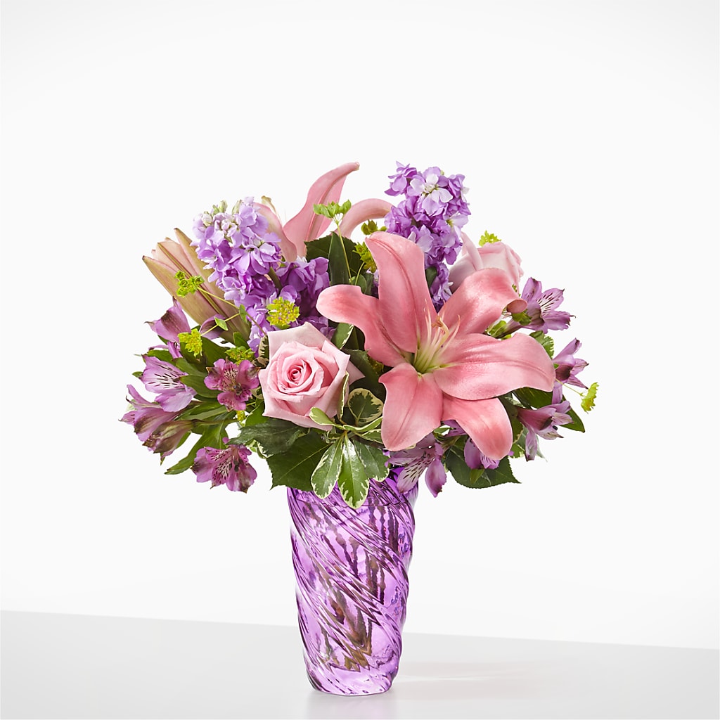 Precious Petals Bouquet with Luxe Swirl Vase – BLOOM FLOWERS & EVENT RENTALS, Corona CA