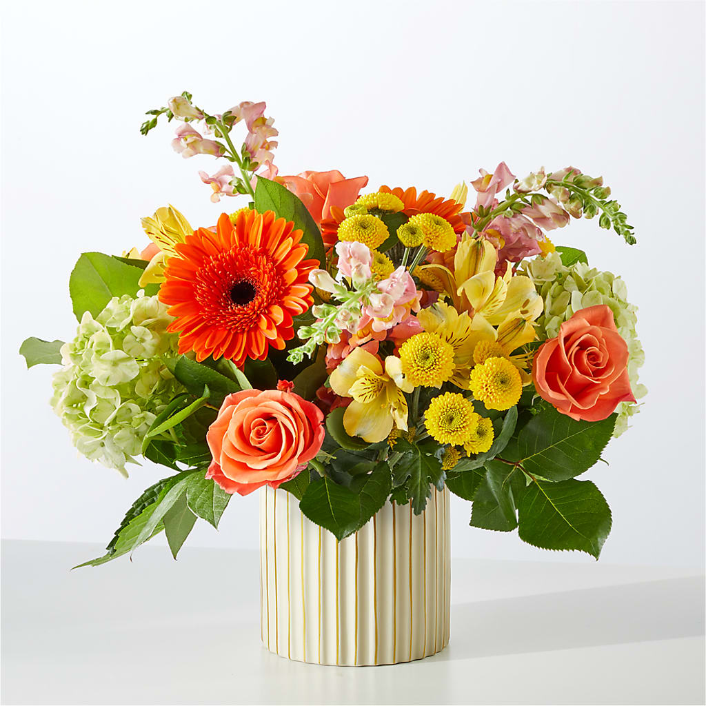 Autumn Sunshine Bouquet with Ivory Vase – BLOOM FLOWERS & EVENT RENTALS, Corona CA